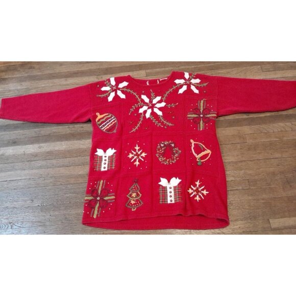 Vintage 80s Womens Size XL 3D Embroidered Embellished Christmas Holiday Sweater - Picture 2 of 6